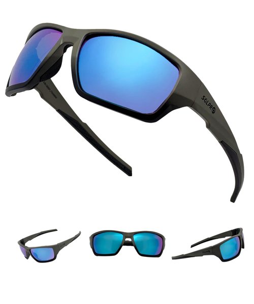 SOL PRO Polarized Riding Sunglasses Foam Padded Wraparound Fit Men Women Motorcycle Driving Running Cycling Fishing (Grey-Blue)