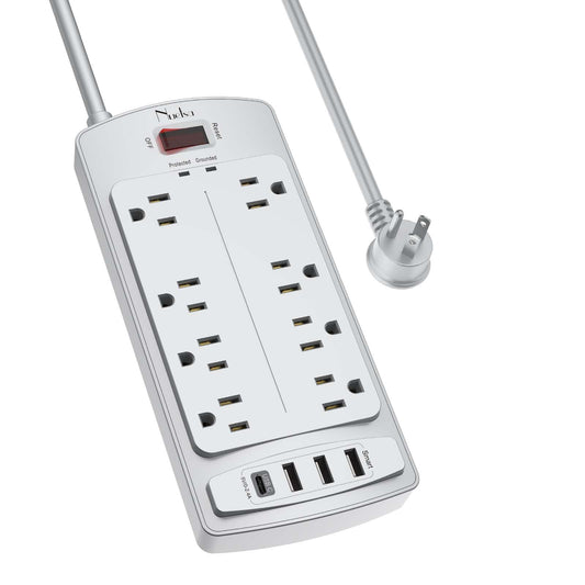 Surge Protector Power Strip - Nuetsa Flat Plug Extension Cord with 8 Outlets and 4 USB Ports, 6 Feet Power Cord (1625W/13A), 2700 Joules, ETL Listed, Grey