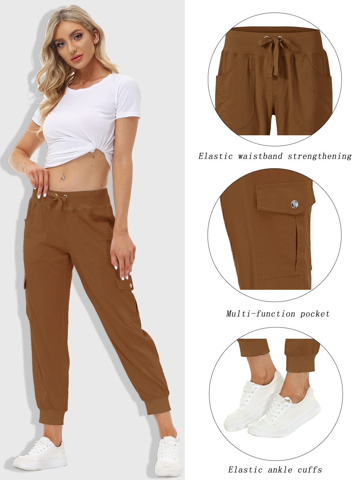 MoFiz Womens Lightweight Quick Dry Cargo Pants Outdoor Summer Travel Casual Sports Hiking Jogger Sweatpants Button Pockets Earthy Yellow M