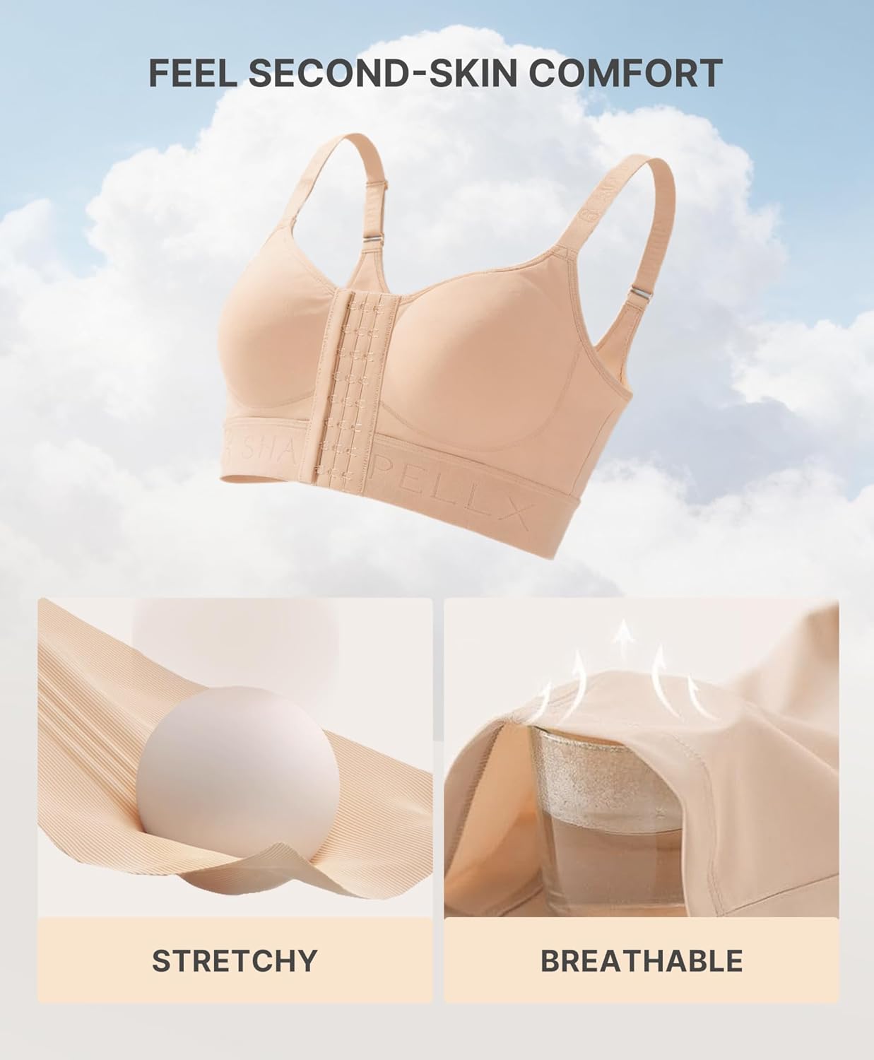 SHAPELLX Post Surgery Bras - Front Closure Wireless Mastectomy Bra with Adjustable Straps - Comfortable Fit