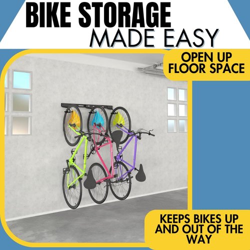 Koova USA-Made Garage Wall Mount Bike Rack for 2, 3 or 6 Bicycles | Wide Hooks Fit Regular and Fat Tire Bikes | Includes Helmet Storage | Easy to Install | Powder Coated Black Metal
