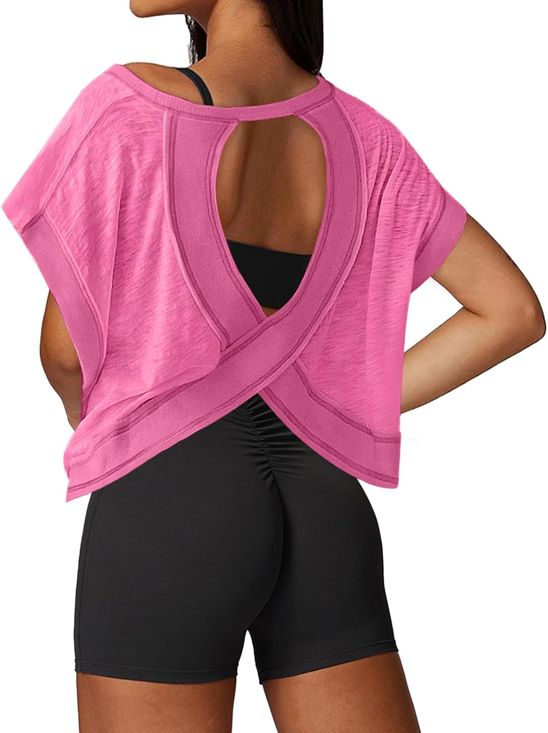 UNIANKIYA Workout Tops for Women - Open Back Loose Fit Athletic Crop Tee for Gym & Yoga | Short Sleeve