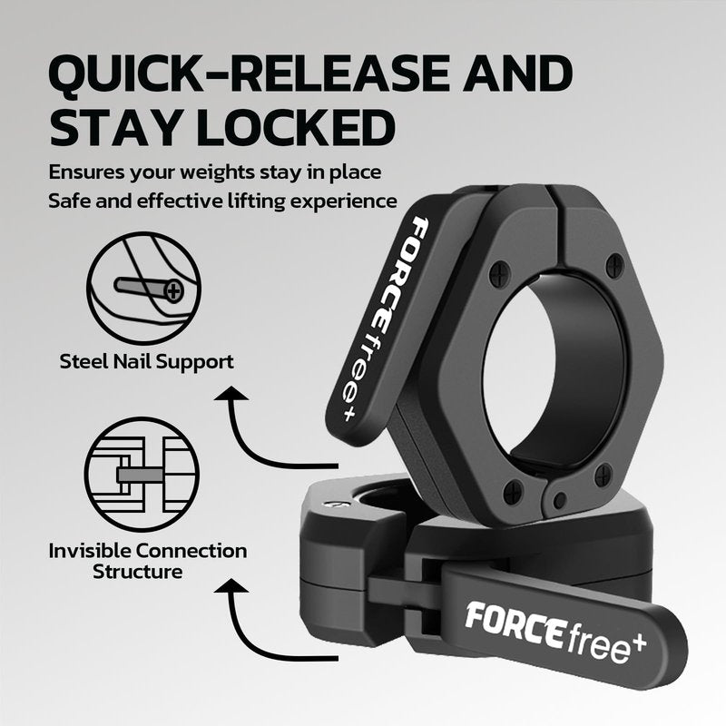 Forcefree+ Barbell Clips (Pair), Barbell Clamps, Quick Release Olympic Barbell Clamps with Anti Slip TPR Grip, Barbell Collars for Secure Weightlifting & Powerlifting (Non Magnetic, Black)