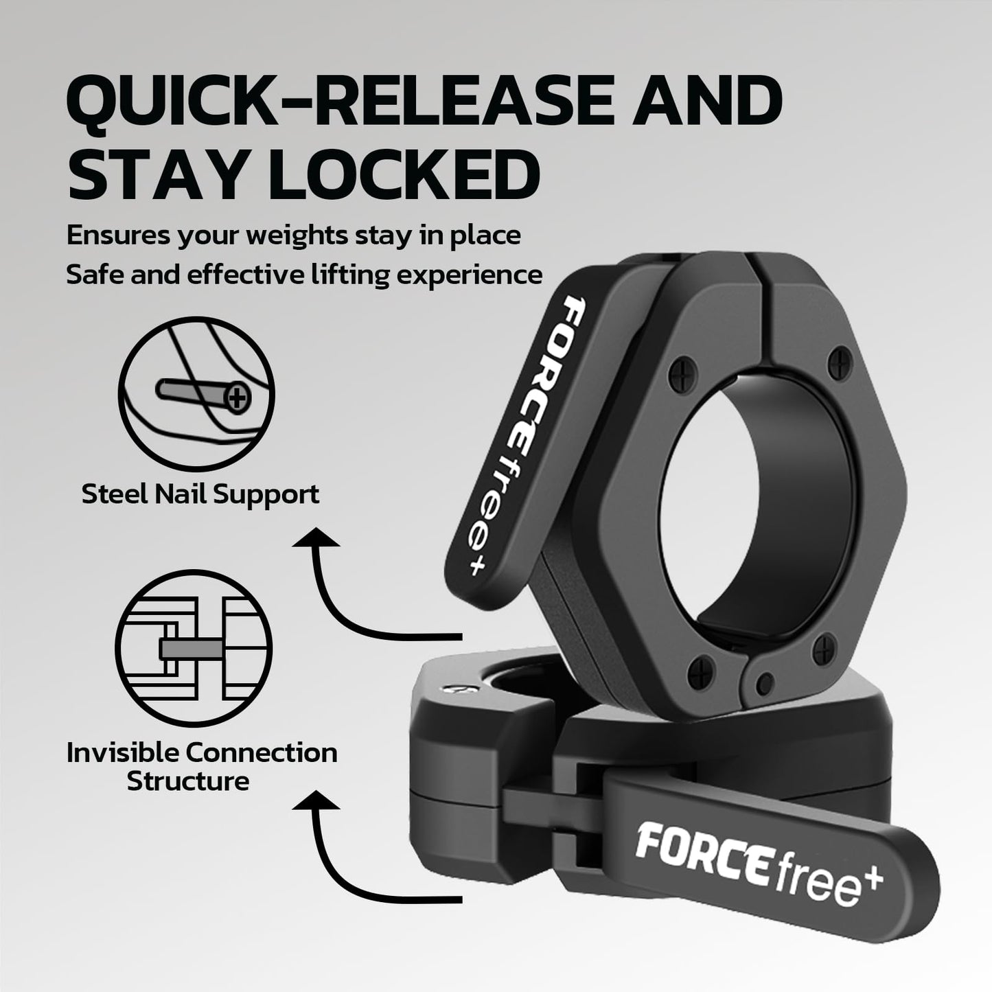 Forcefree+ Barbell Clips (Pair), Barbell Clamps, Quick Release Olympic Barbell Clamps with Anti Slip TPR Grip, Barbell Collars for Secure Weightlifting & Powerlifting (Non Magnetic, Black)
