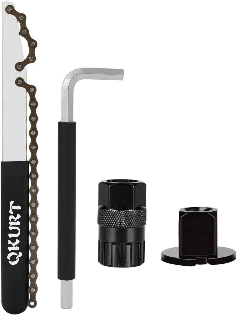 QKURT Chain Whip Tool Kit, Bicycle Cassette Removal Tool+Auxiliary Wrench+Cassette Lockring Tool with Pin+Sprocket Remover-Black