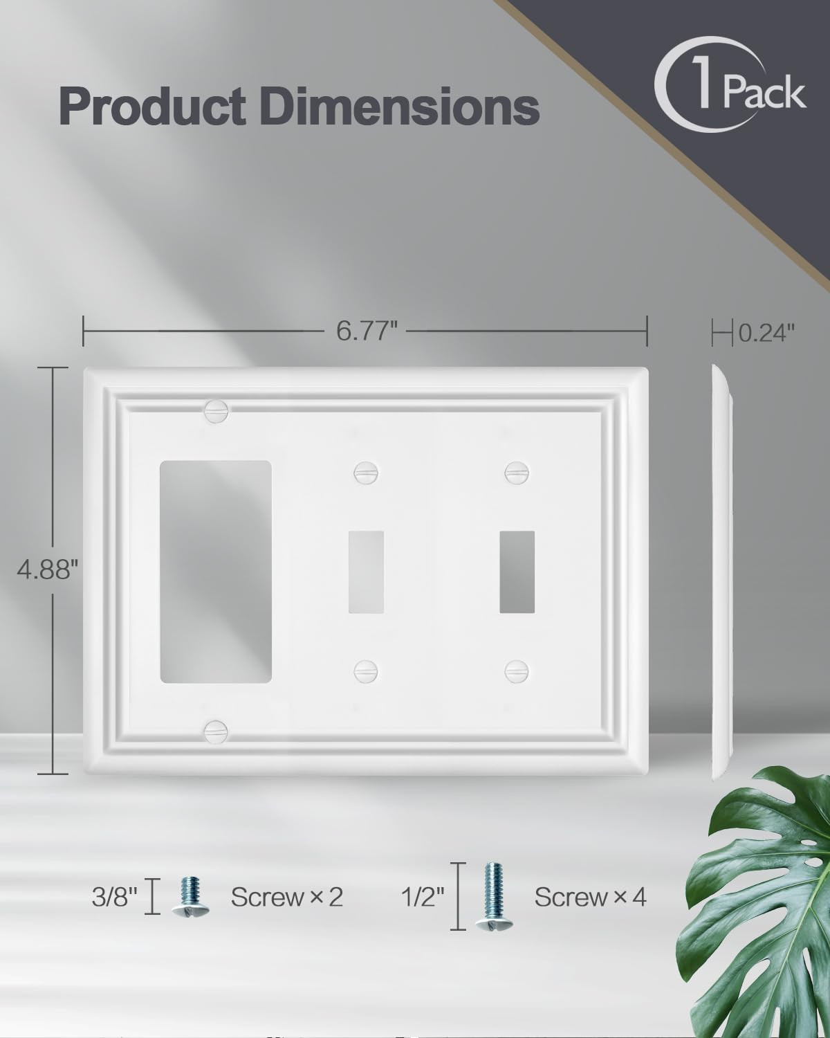 ZILLSEA Pure White 2 Toggle/1 Decorator Wall Plates, 1-Pack Combo Double Toggle/Single Rocker Switch Plates, Durable Metal, 3-Gang, 6.77''*4.88'', Midsize