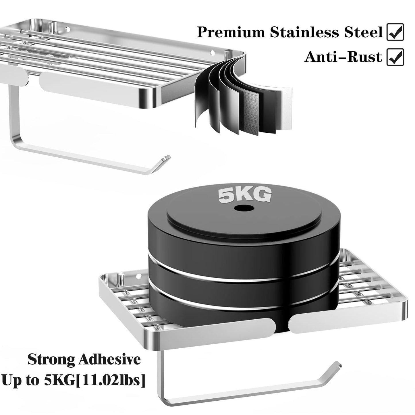 AIDILI Toilet Paper Holder with Phone Shelf, Self Adhesive Toilet Tissue Roll Holder Without Drilling, Rustproof Stainless Steel Tissue Paper Holder for Bathroom Hardware Accessories