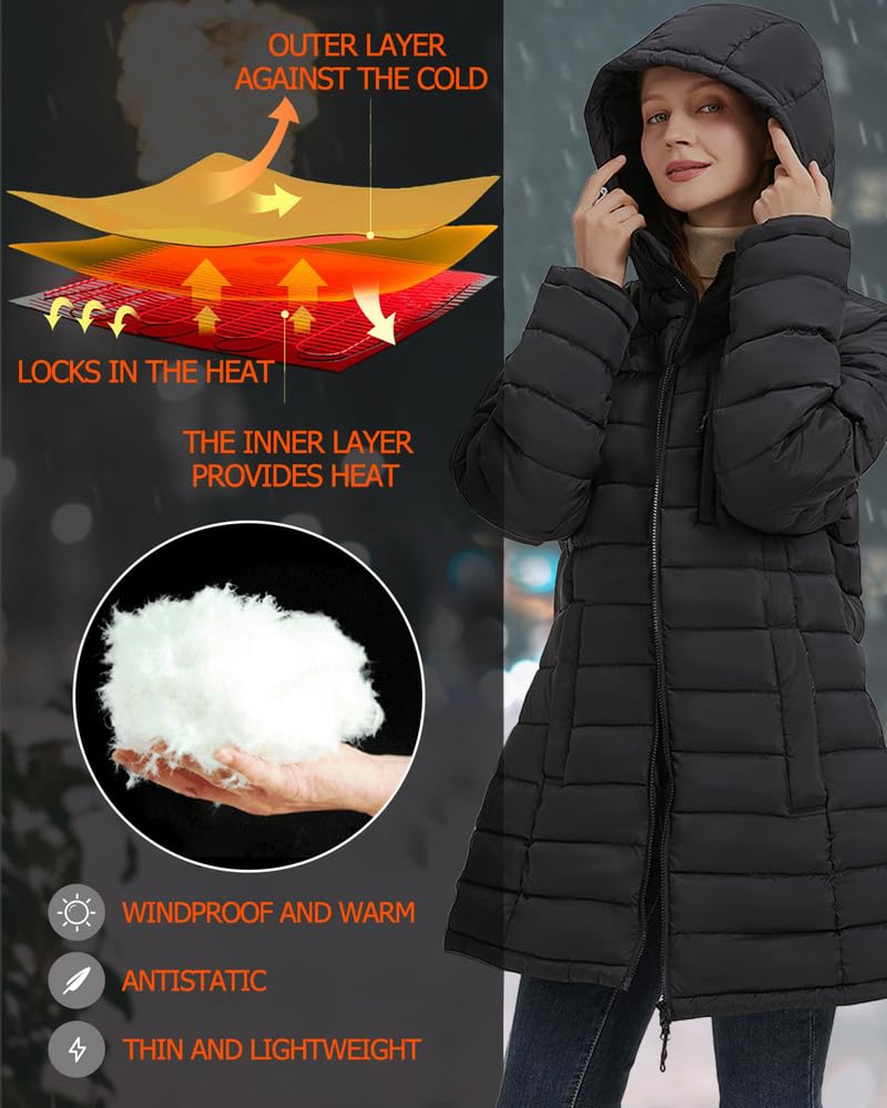 Hengriacly Graphene Heated Jacket for Women, Long Heated Coats for Women with Battery Pack 8 Heating Zones Detachable Hood