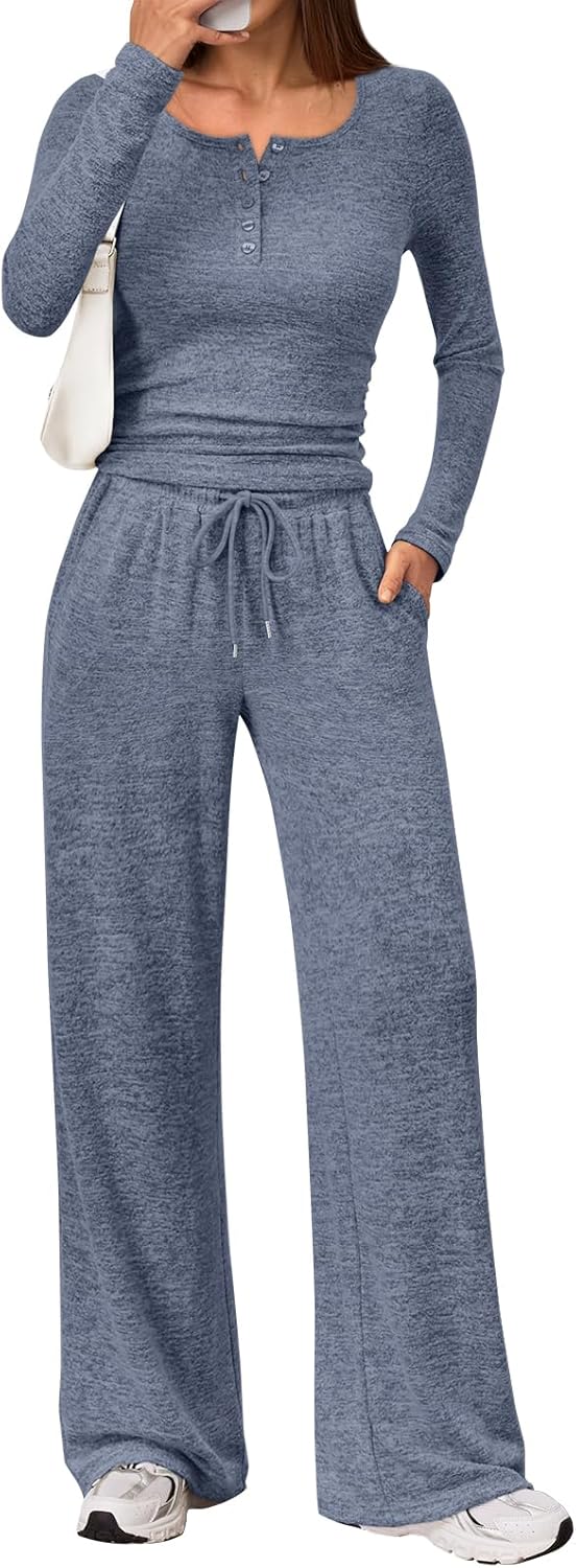Trendy Queen 2-Piece Women's Lounge Set - Cozy Henley Neck Sweater & Wide Leg Pants