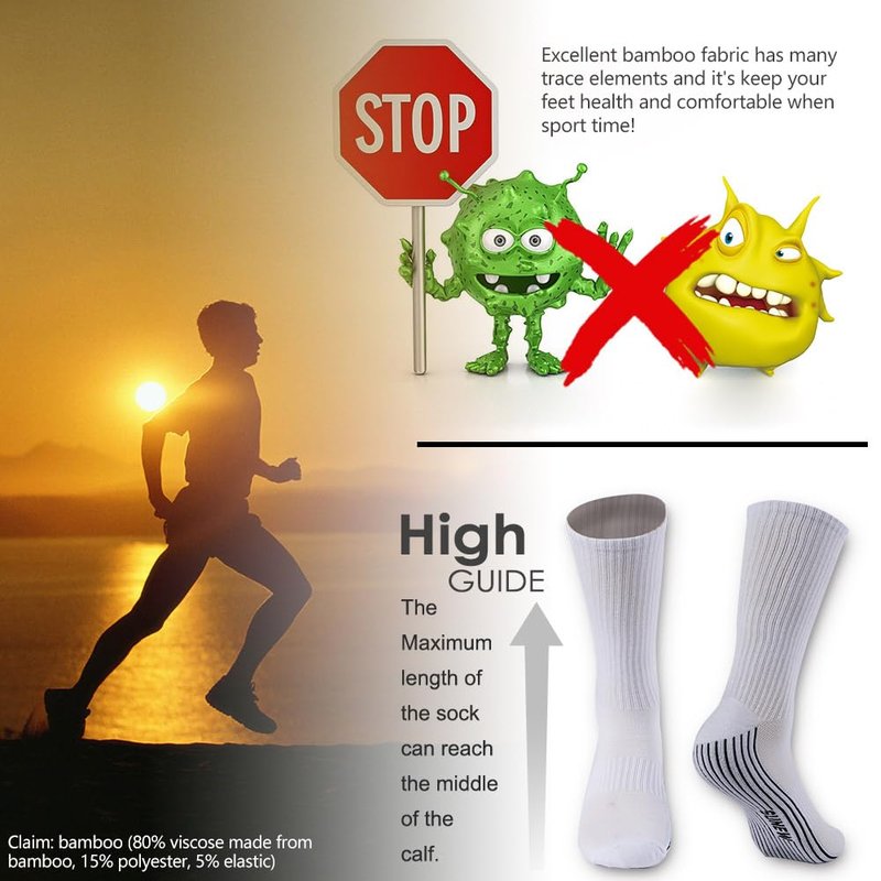 Sunew 6 Pairs Viscose Made from Bamboo Socks,Mens Moisture Wicking Extra Cushion Sport Working Crew Trekking Mid Calf Quick Dry Travel Fitness Socks White Large