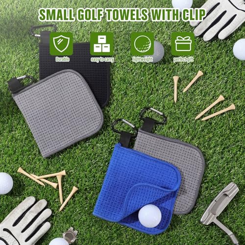 Batiyeer 5 Pack Small Golf Towels with Clip - Microfiber Waffle-Pattern, Portable 5.5 x 5.5 Inch for Men & Women, Gift Set (Black, Gray, Blue)