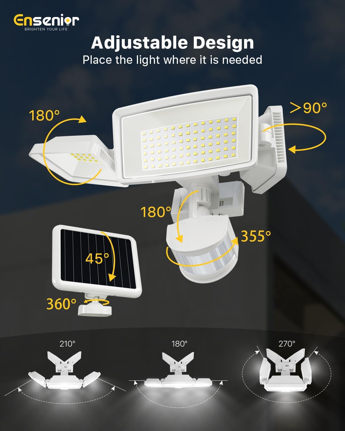 1800LM Solar Security Light with 3 Heads & Remote, 270° Wide Angle, IP65 Waterproof