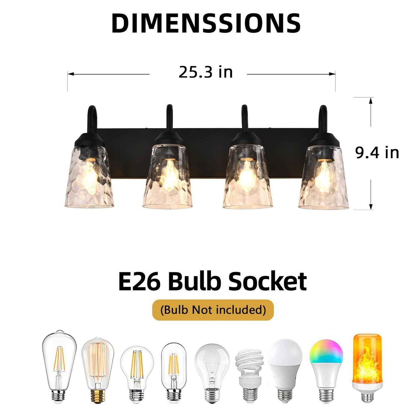 NOVCAND 4-Light Bathroom Light Fixtures, Coastal Vanity Lights with Crystal Glass Shade, Black Bathroom Wall Lamp for Mirror Kitchen Hallway Bedroom