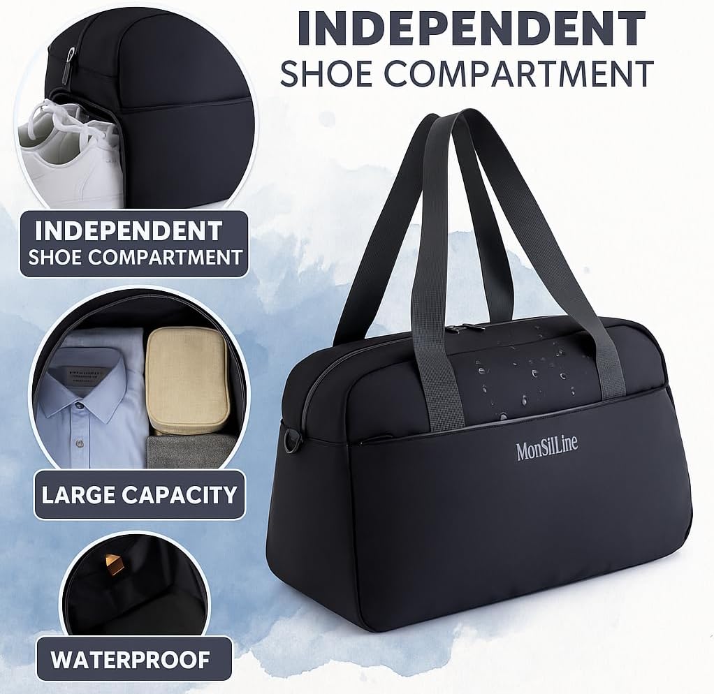 Skiennix Gym Bag - Waterproof Duffle with Shoe Compartment | Lightweight Travel Tote (Black)