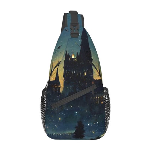 PutDiDi Wizard Castle Halloween Goth Sling Bag Crossbody Backpack for Women Men Hiking Travel Bag Pouch Small Daypack Casual Pack Cross Chest Bag Outdoor