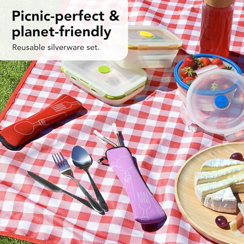 ECOBERI Reusable Travel Utensils Set with Case - Multicolor, 4 Complete Sets