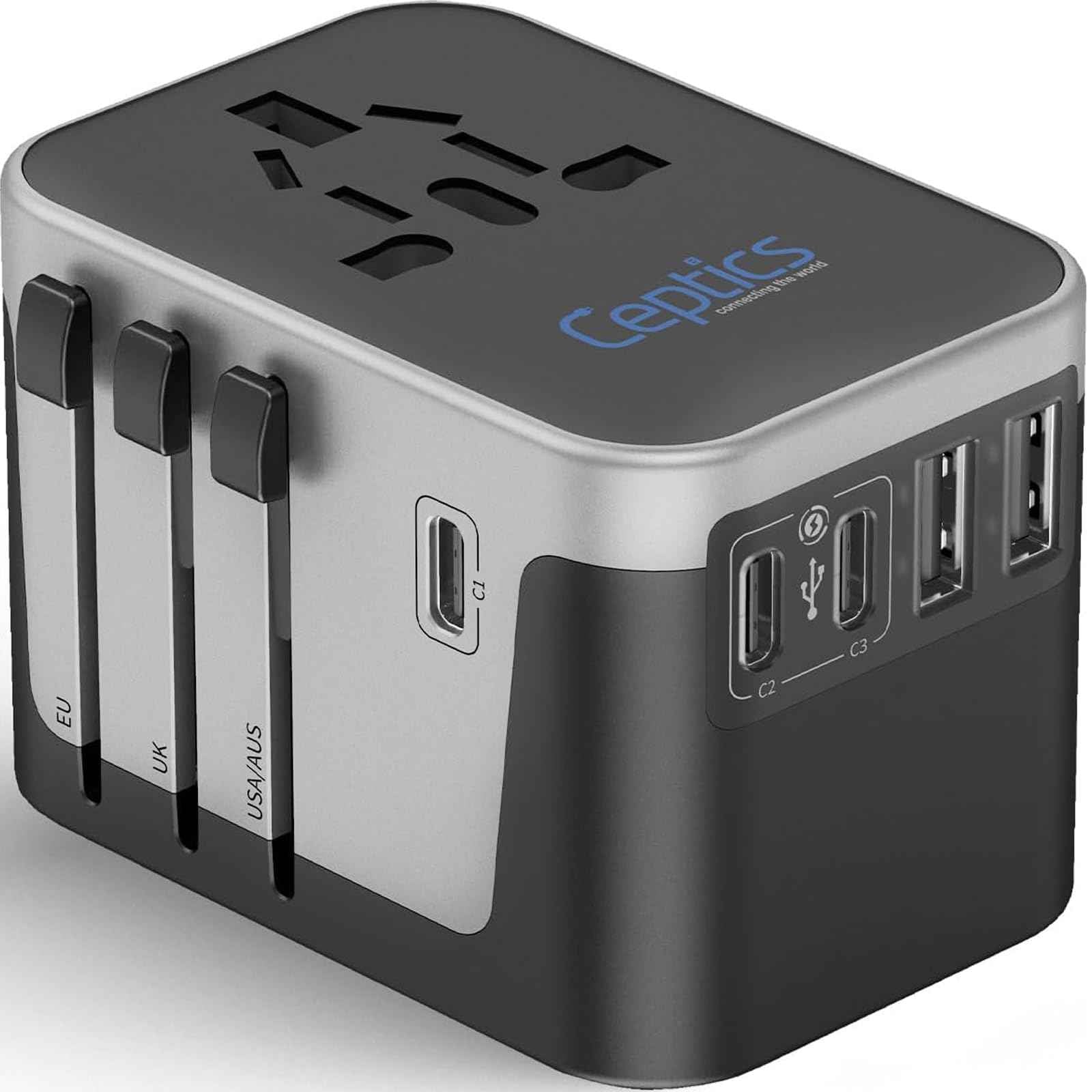 Universal Travel Power Adapter, Ceptics 6 in 1 Worldwide International Wall Charger with 2X USB-A - 3X USB-C 6A, Travel Power Adapter for for USA EU UK AUS Mobiles Laptops Cameras, UP-30KU-BL