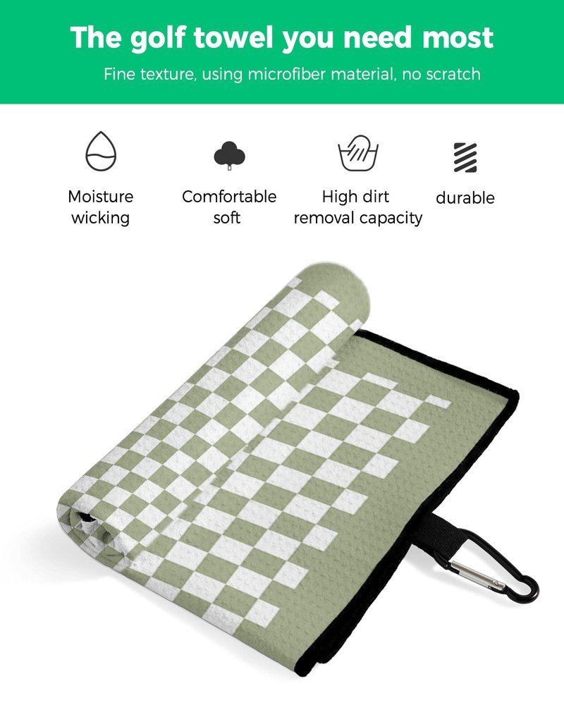 Savannan Golf Towels, Checkerboard Sage Green Checkered Spring Durable Microfiber Waffle Materials Absorbent Golf Accessories with Handy Clip for Women, Men, 24x16 Inch