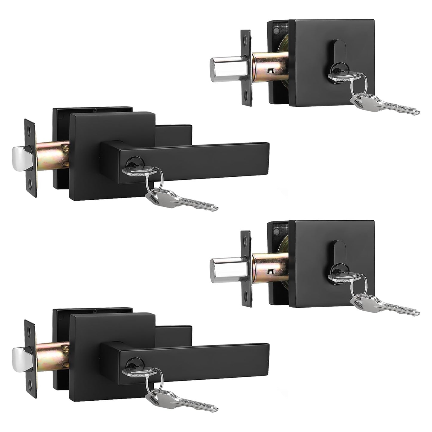 Brotima 2 Pack Keyed Entry Door Lever and Single Cylinder Deadbolt Set, Keyed Alike Reversible Lockset, Matte Black Square Interior/Exterior Handleset for Bedroom, Front Door