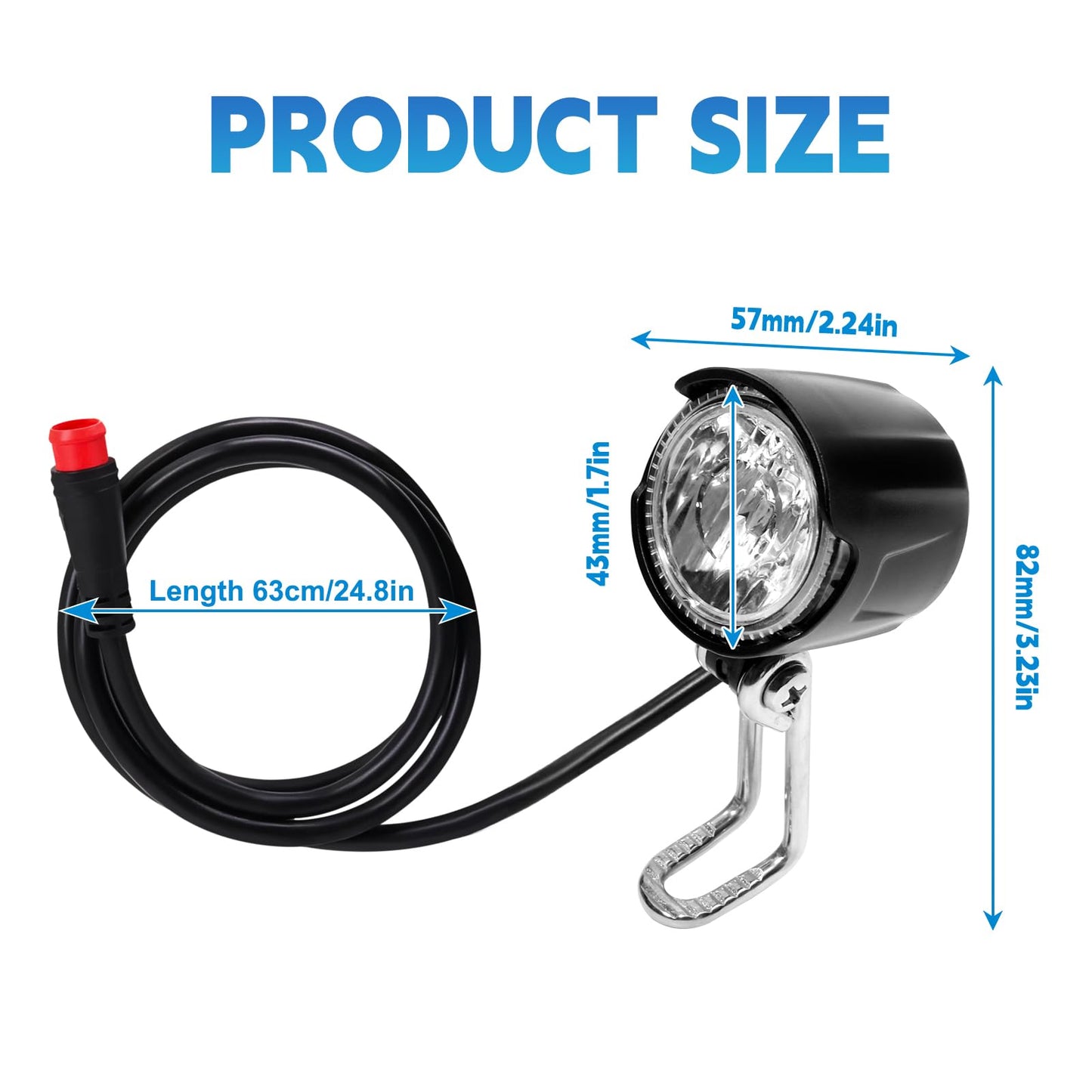 Universal eBike Headlight, 2 Pin Waterproof Connector, Wide Voltage DC 6V - 60V, Compatible with Electric Bike Bicycle Motorcycle & Scooter