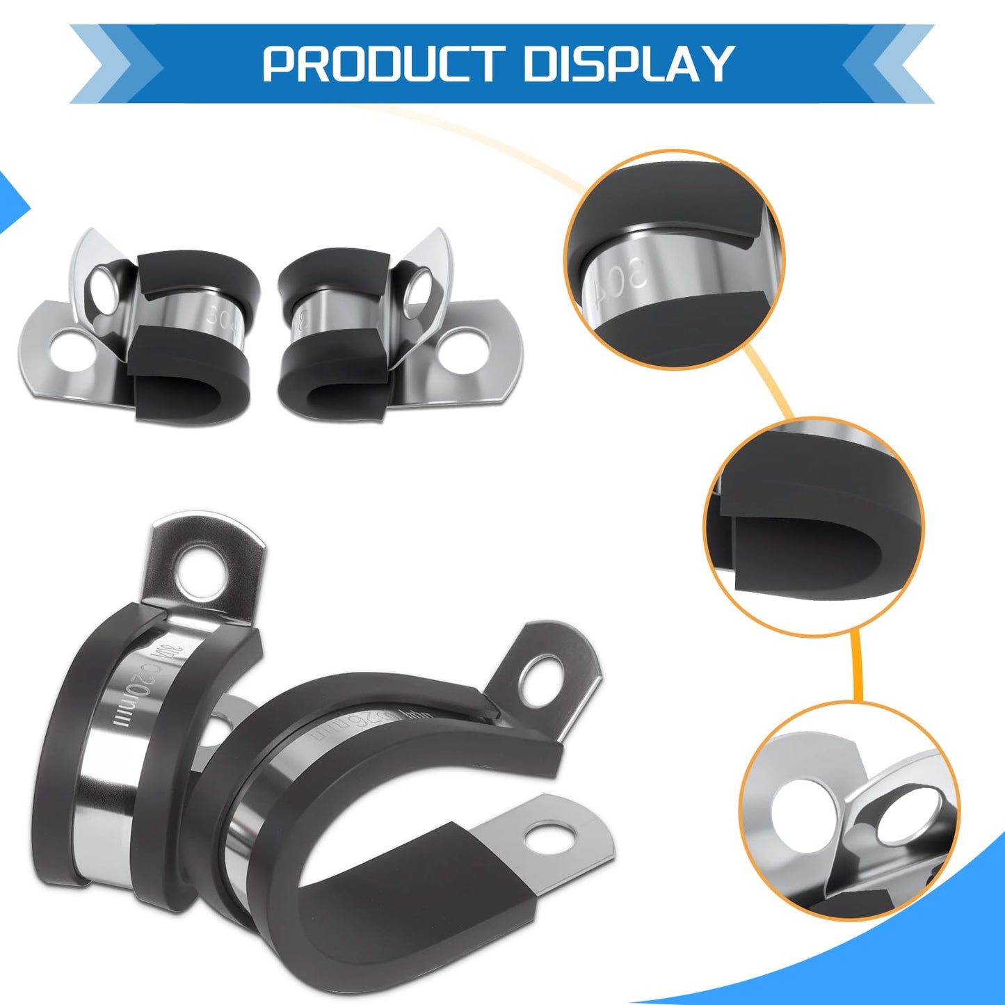 JTAREA 7Sizes 304 Stainless Steel Cable Clamps Assortment Kit 1/4" 5/16" 3/8" 1/2" 5/8" 3/4" 1" Cushion Cable Clamp Rubber Coated Wire Clip Pipe Clamp