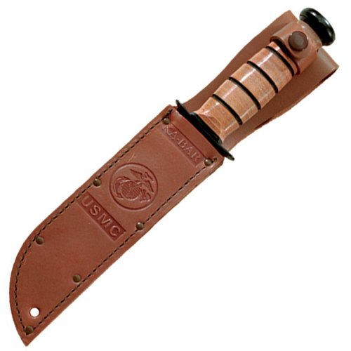 KA-BAR USMC Fighting Fixed Blade Knife 7" Clip Point 1095 Cro-Van Black Powder Coat Blade Stacked Leather Handle Black/Brown