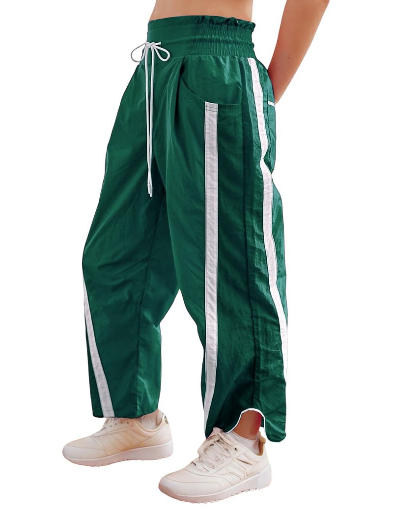 Wyeysyt Womens Wide Leg Pants Baggy Sweatpants Casual Drawstring Elastic Waist Contrast Color Y2K Track Pants(Green-M)