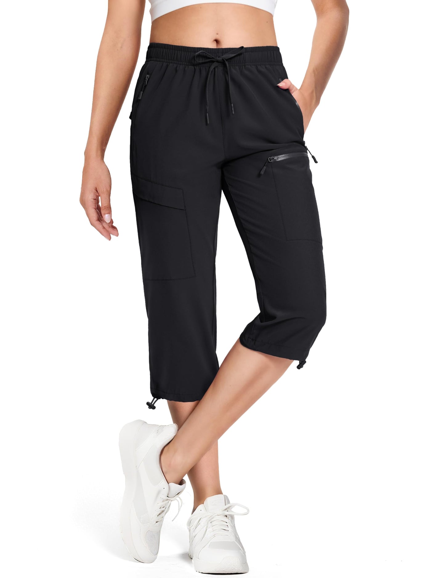 MAGCOMSEN Women's Capri Pants with 5 Pockets Hiking Lightweight Quick Dry Cargo UPF 50+ Summer Travel Golf Workout Casual Black L