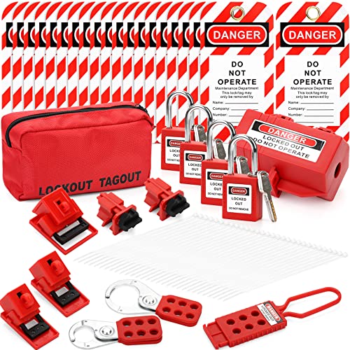 WUWEOT Electrical Lockout Tagout Kit, Hasps Set, Clamp on and Universal Multipole Circuit Breaker Lockouts, Lockout Tags, Plug Lockout, Loto Locks, Nylon Zip Ties, Carrying Bag Set (2 Key Per Lock)