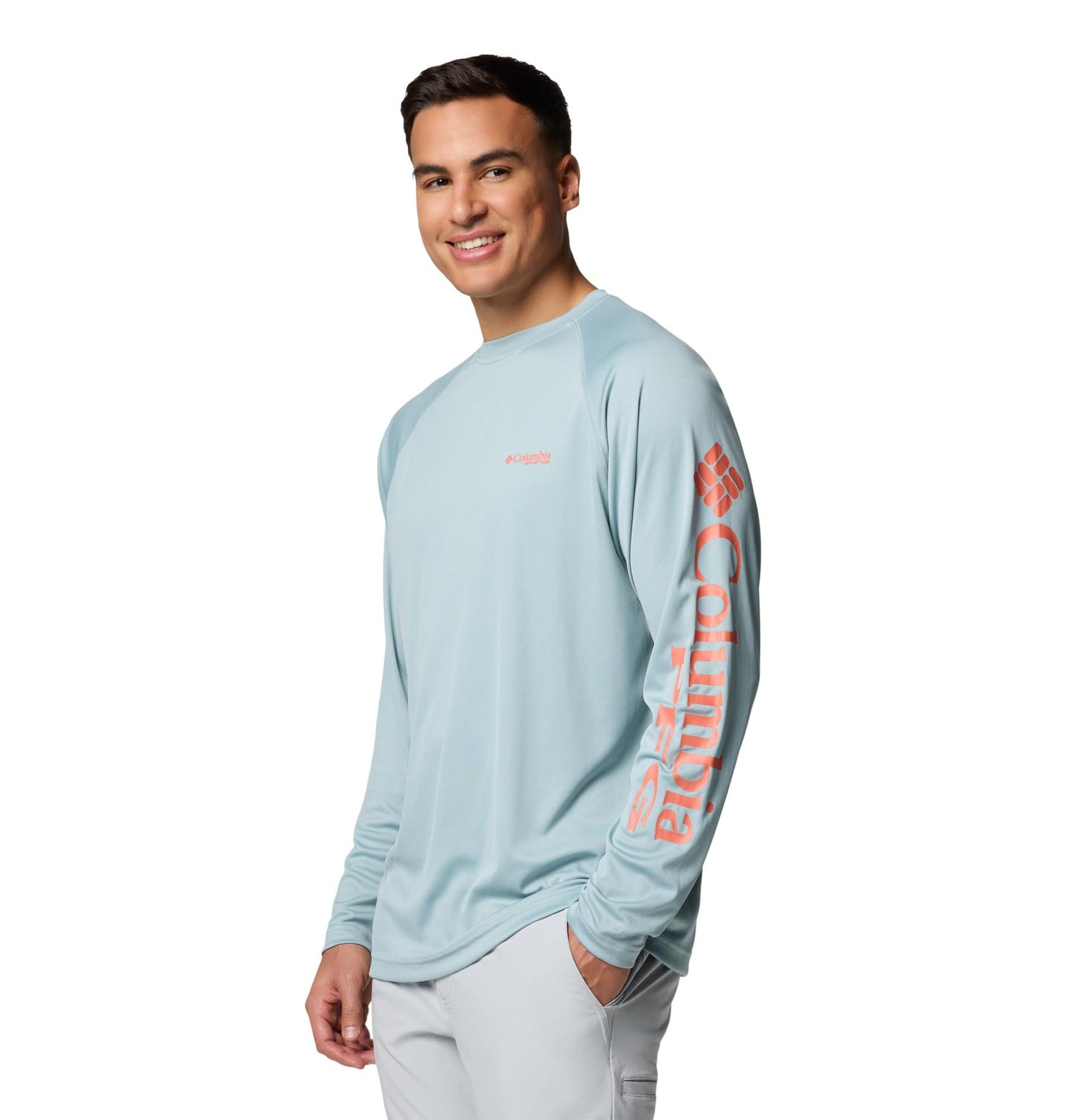 Columbia Men's PFG Terminal Tackle Long Sleeve Fishing Shirt, Crushed Blue/Faded Peach Logo, 6X