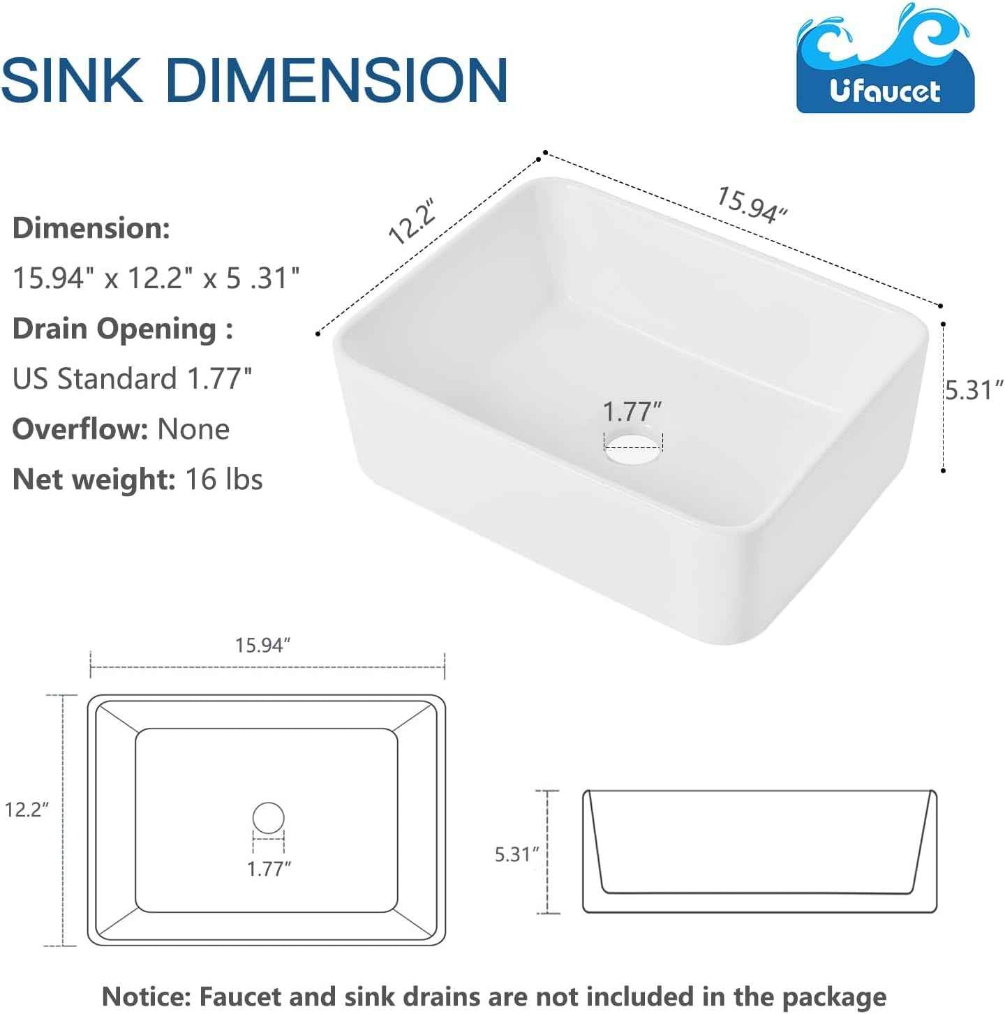Modern White Ceramic Vessel Sink 16x12 - Above Counter Rectangle Bathroom Lavatory