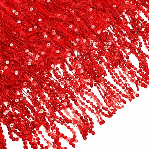 Sequin Hip Skirt with Fringe Tassels - Medium B-Red