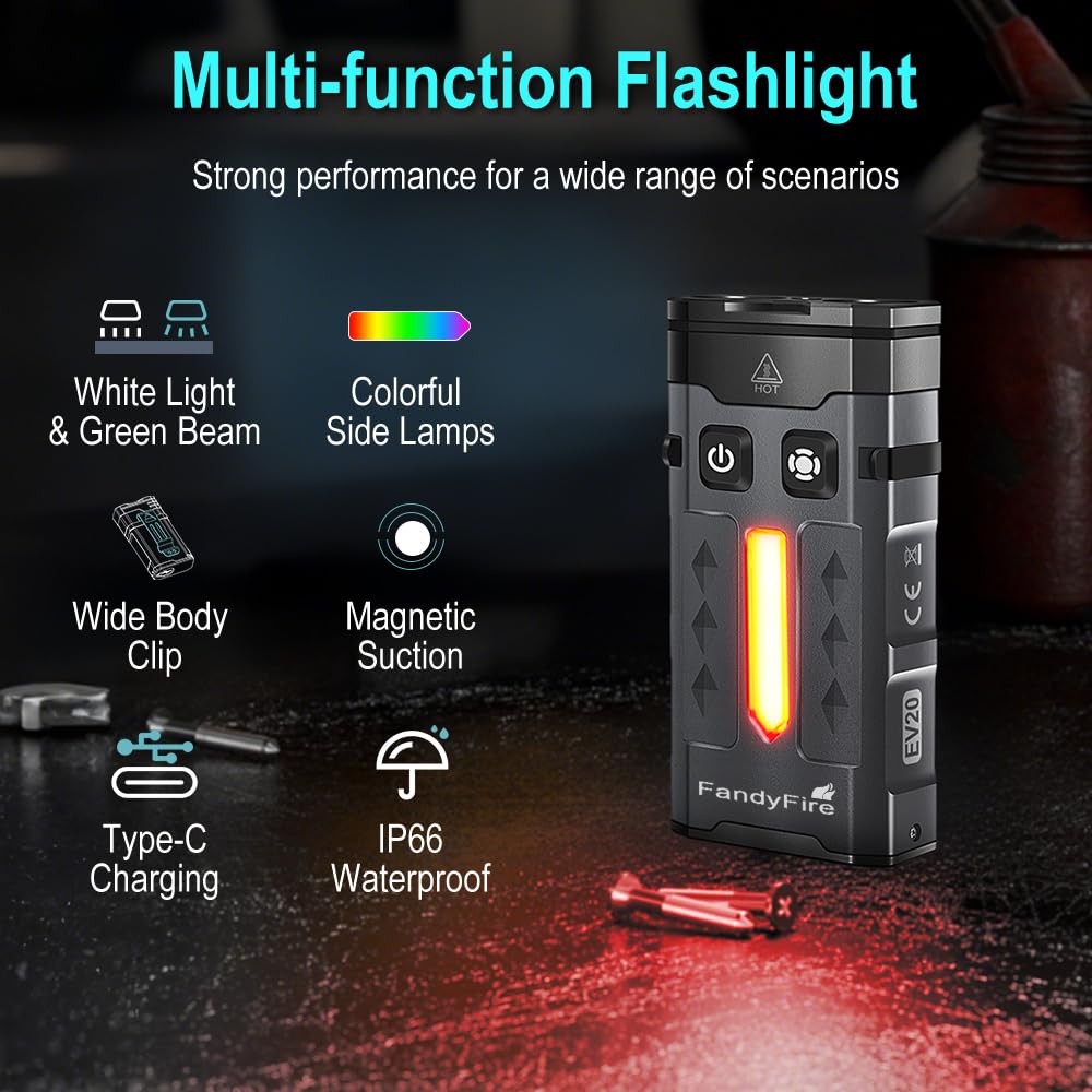 FandyFire 1100 Lumen Small EDC Keychain Flashlight with Green Light - Rechargeable RGB LED Clip on Flashlight, Multi-Functional and Magnetic Tail Suitable for Outdoor Emergency Gear