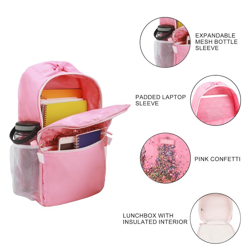 Packed Party Confetti Filled Pink 17" Backpack With Lunchbox