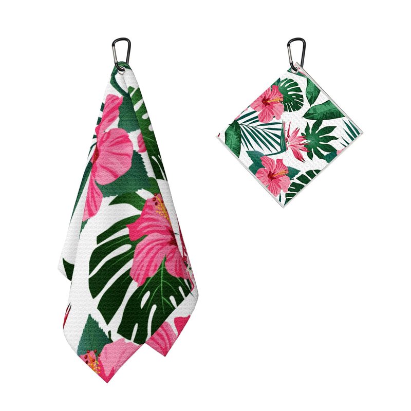 BEITUOLA Tropical Floral Golf Towel 2 Packs for Golf Bags Men Women Hawaiian Plants Pink Hibiscus Flowers Microfiber Waffle Towel with Clip Funny Golf Gift Accessories