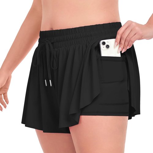 COOTRY Plus Size Flowy Athletic Shorts - 2-in-1 High Waist Butterfly Design for Summer Workouts