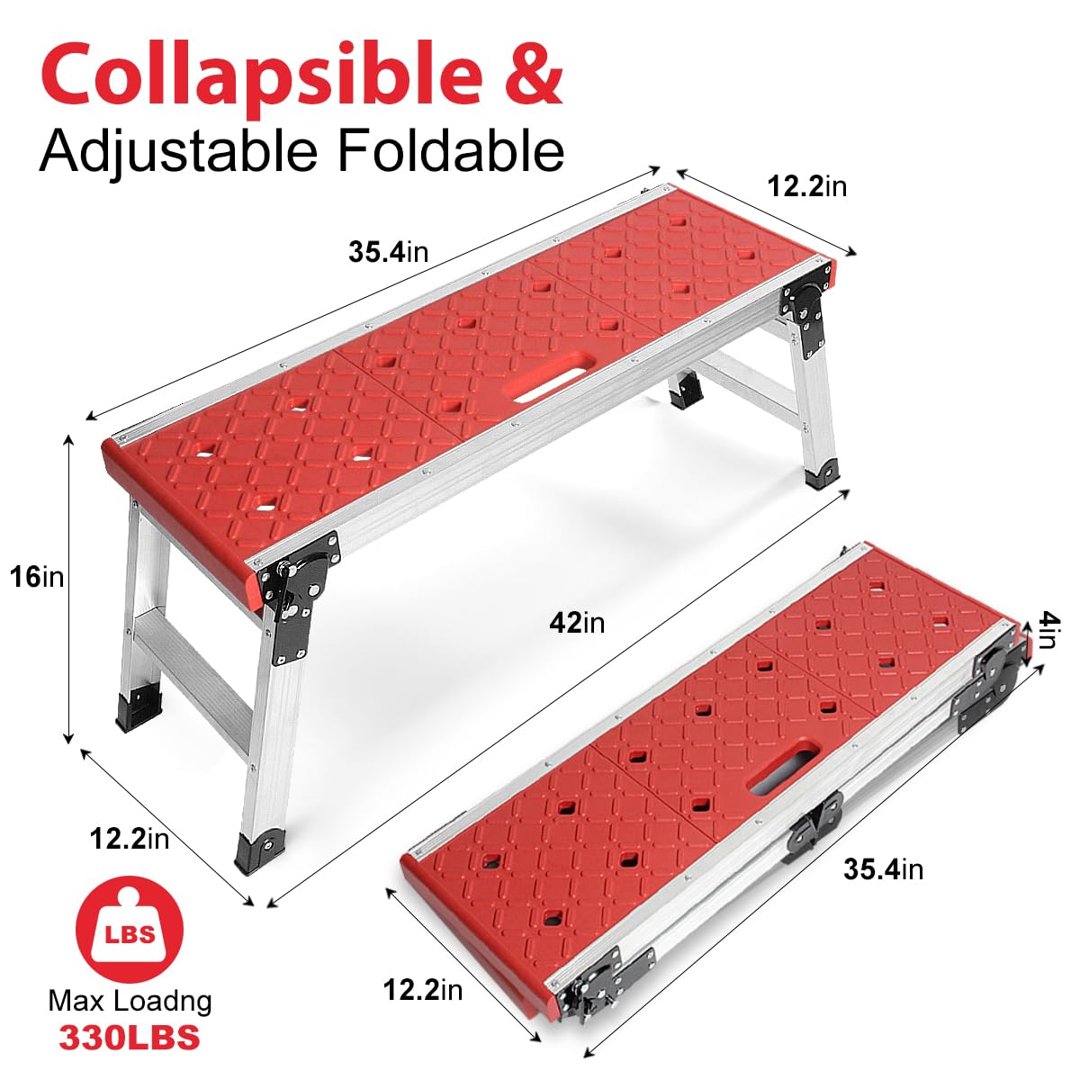 LEADALLWAY Folding Work Platform with Anti-Slip Feet Cover, Practical Step Ladder for Home Garage, Maximum Load 330lbs, Red