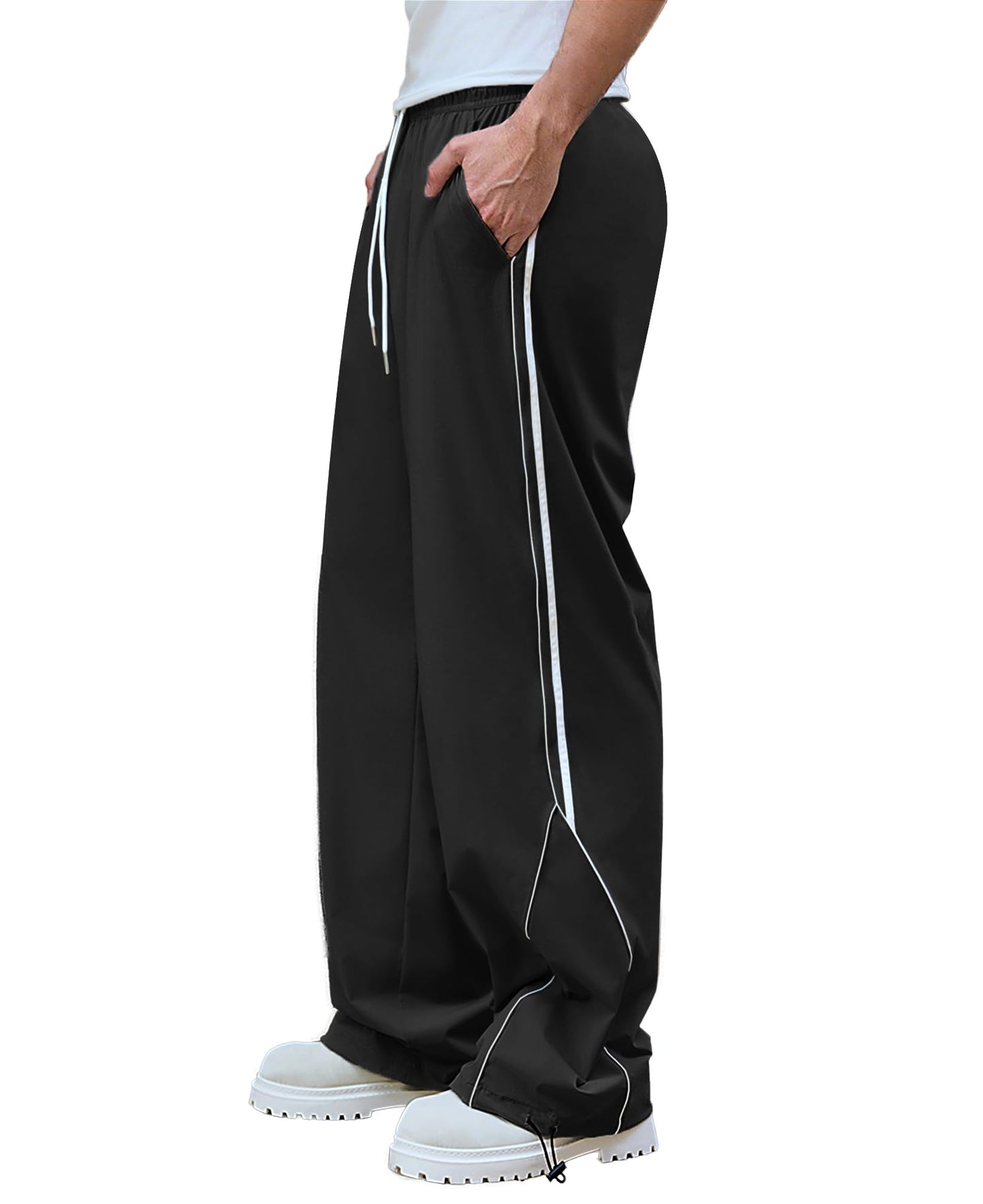 Susclude Baggy Sweatpants Wide Leg Y2k Track Pants Casual Spring Stretch Drawstring Elastic Waist Side Stripe Pants with Pockets Black