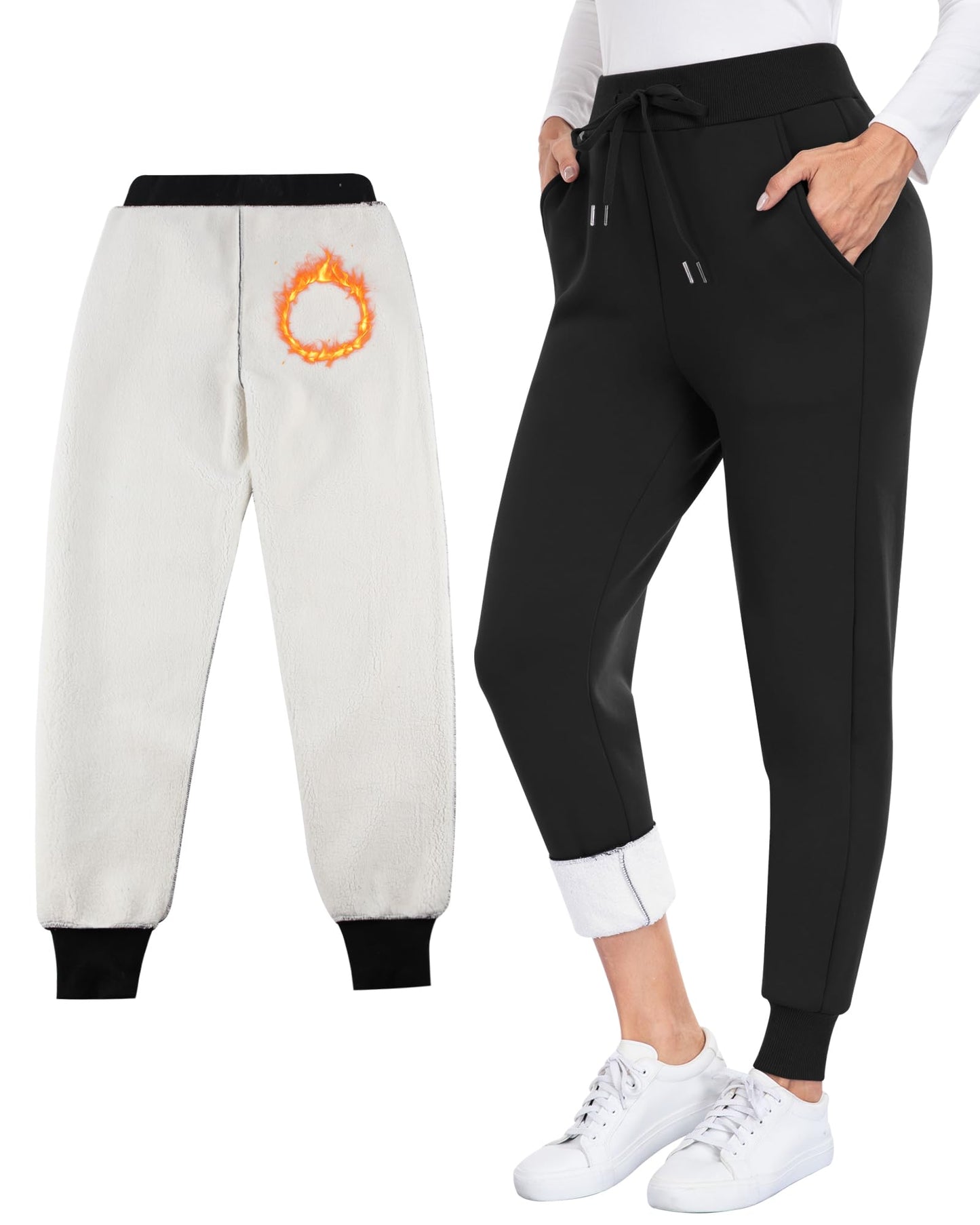 CHRLEISURE Fleece Lined Pants Women - Thermal Winter Warm Cold Weather Athletic Jogger Sweatpants with Pockets(Black,XL)