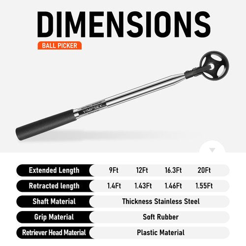 VIMPSEY 9Ft/12Ft/16.3Ft/20Ft Golf Ball Retriever for Water Telescopic, Stainless Steel Ball Retriever Tool Golf Ball Grabber (12Ft)
