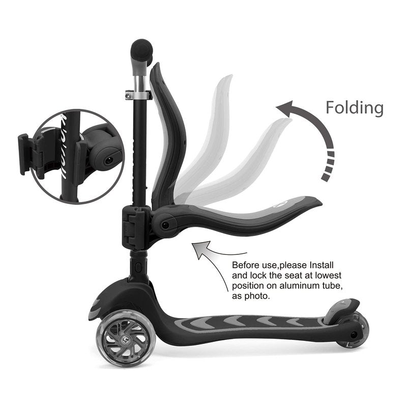 Kicknroll Toddler Scooter for Kids with Seat, Foldable Scooter with 3 LED Light up Wheels and 4 Adjustable Height, Lean to Steer, Extra Wide Deck, 110 Lbs Capacity