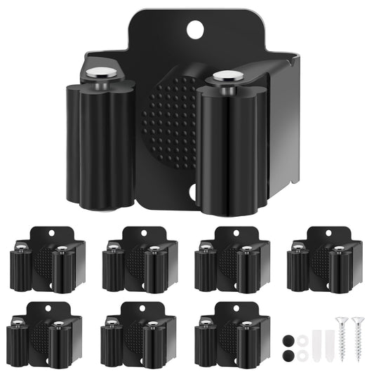 Yiows Broom Holder Wall Mount, 7PCS Broom Hanger Wall Mount, Stainless Steel Heavy Duty Mop Holder Broom Mop Hanger Wall with Screws, Garden Outdoor Tool Organizer Rack Broom Hanger (Black)