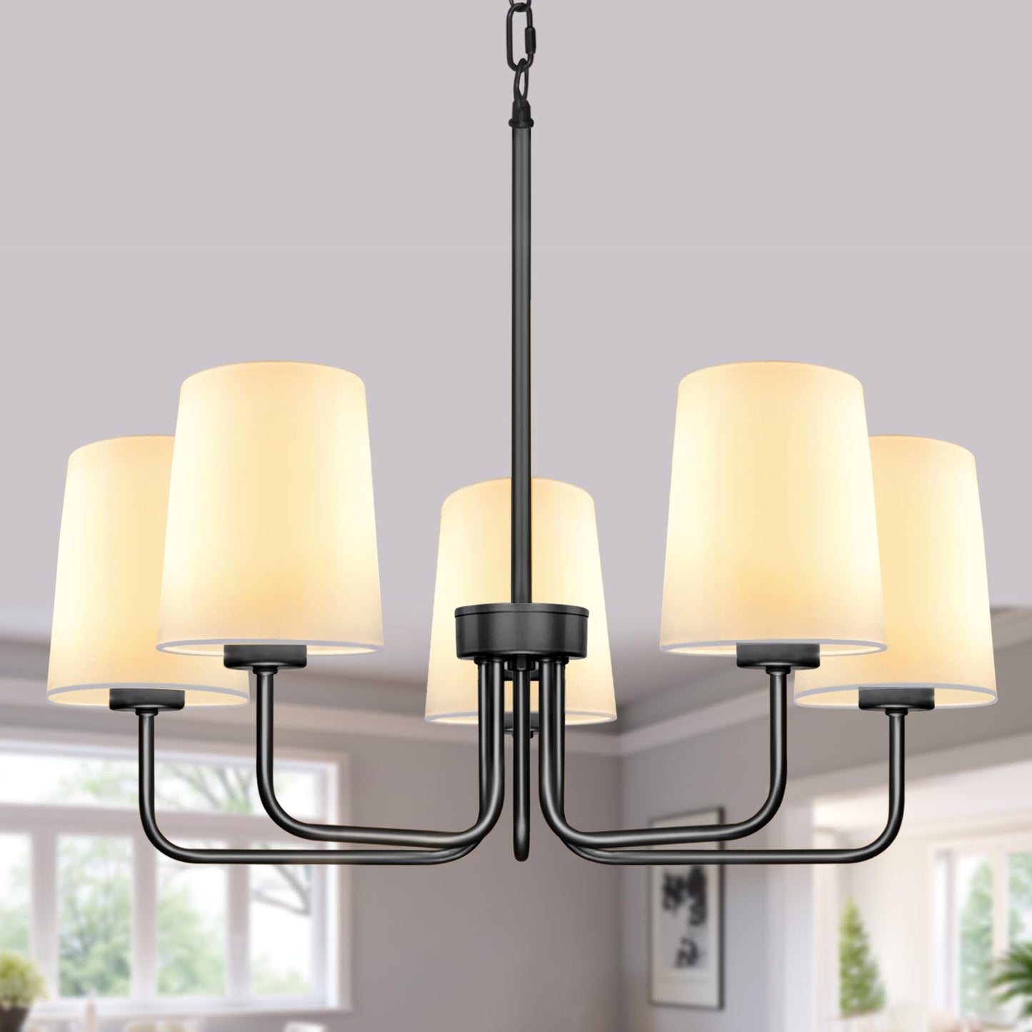 Laiebri Farmhouse Chandelier, 5-Light Black Chandelier with White Fabric Shade, Height Adjustable Modern Dining Room Light Fixture with E26 Base for Bedroom Foyer Hallway Entryway Kitchen Living Room