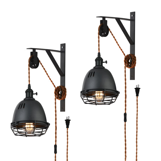 SEEBLEN Vintage Design Industrial Wheel Farmhouse Wall Mount Set of 2,Pulley Wall Pendant Lamp with 7-Foot Brown Plug and Switch, Adjustable Wall Sconce Sand Black Iron Cage Wall Light