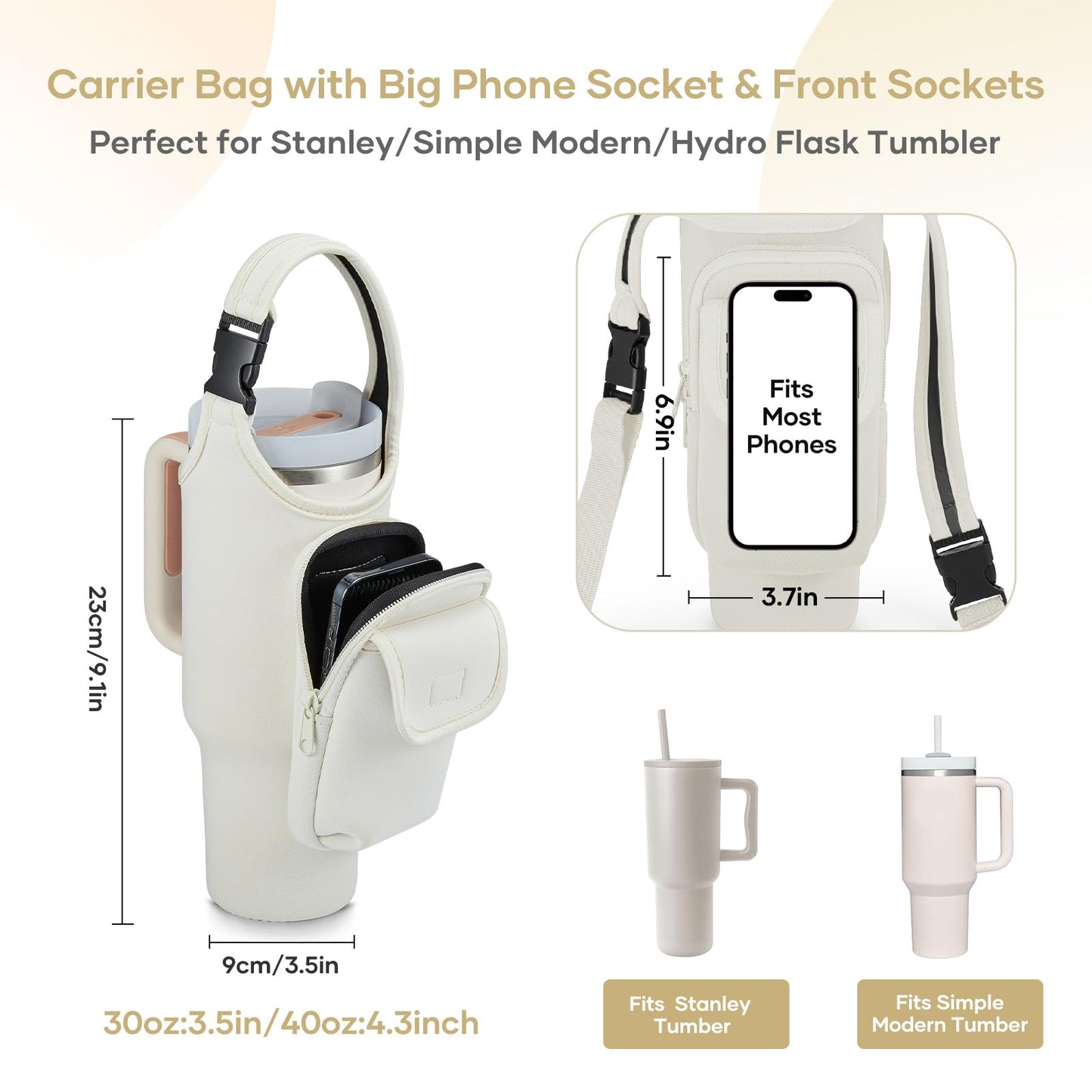 Bufilea Carrier Bag with Phone Holder Pockets for Stanley 40/30oz Tumbler with Handle, Insulated Neoprene Crossbody Bag Cup Holder w/Shoulder & Handheld Straps Fits Stanley Cup Accessories