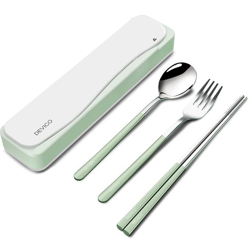 DEVICO Travel Utensils, 18/8 Stainless Steel 4pcs Cutlery Set Portable Camp Reusable Flatware Silverware, Include Fork Spoon Chopsticks with Case (Light Green)