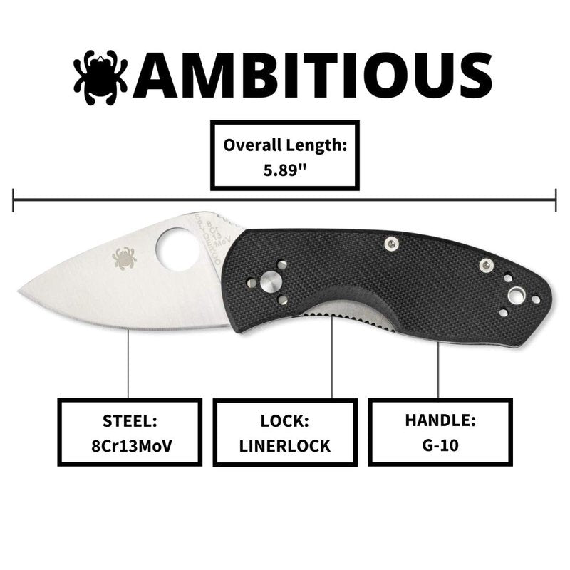 Spyderco Ambitious Value Knife with 2.31" Stainless Steel Blade and Durable Black G-10 Handle - PlainEdge - C148GP