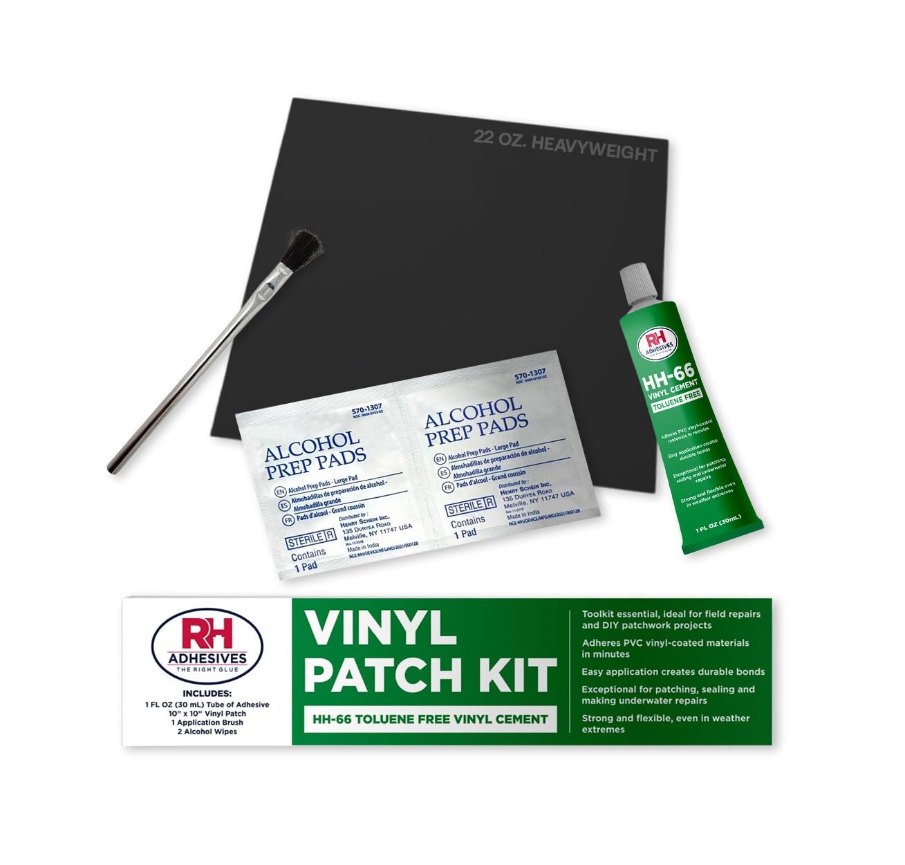 RH Adhesives Vinyl Patch Kit - 10" x 10" Reinforced Flexible PVC with HH-66 TF Vinyl Cement & Brush