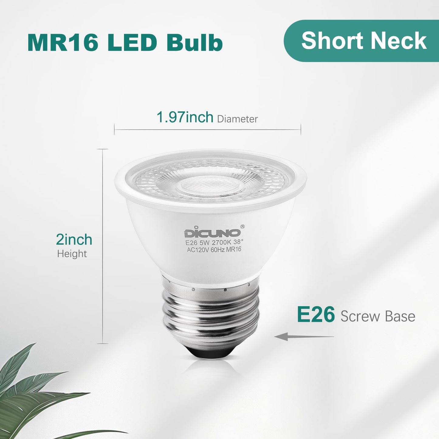 DiCUNO PAR16 LED Bulb Dimmable, 5W Short Neck Spotlight Bulb, 550Lumen, 38° Beam Angle, Warm White 2700K, 50W Equivalent E26 LED for Recessed Light, Curio Cabinet, Pack of 6