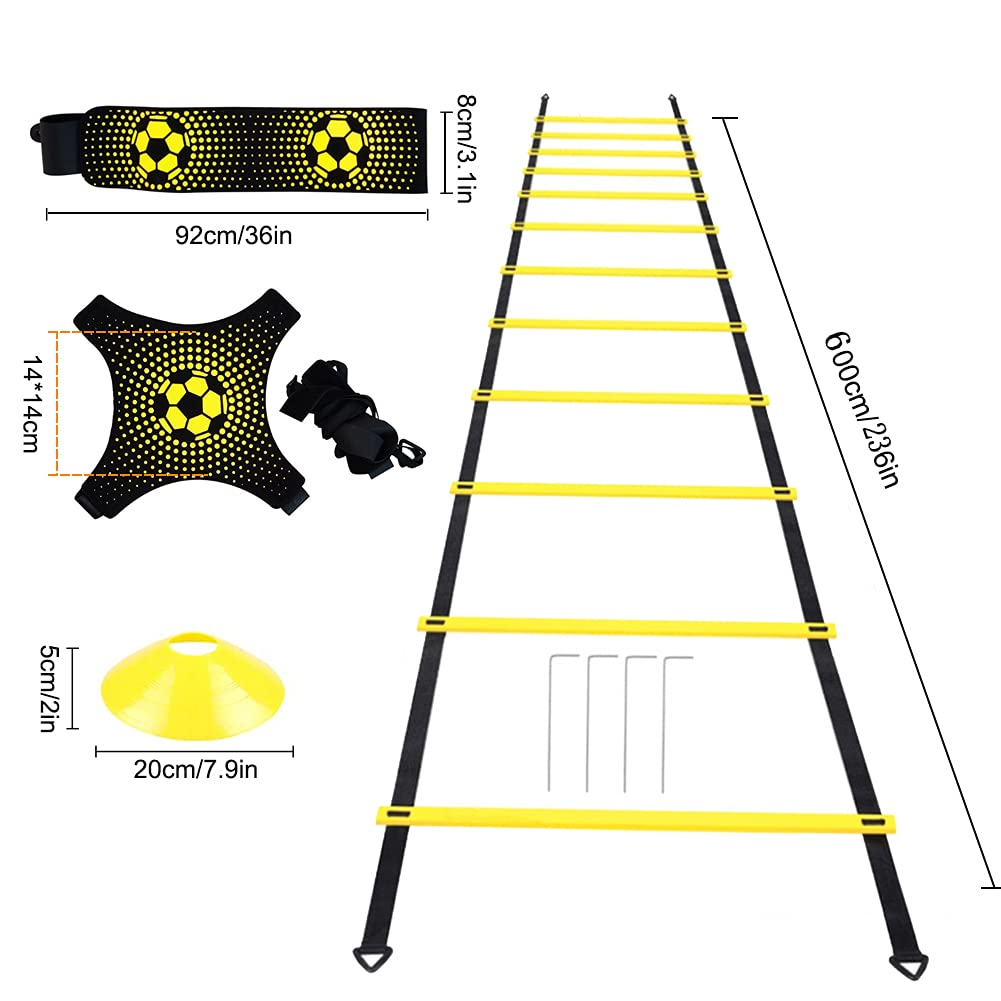 YGORTECH Soccer Training Equipment Set - 20FT Agility Ladder, 12 Soccer Cones, Kick Trainer, Speed and Agility Training Equipment for Indoor/Outdoor Practice Yellow Ladder